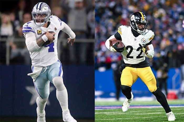 Dallas Cowboys quarterback Dak Prescott (left) and Pittsburgh Steelers running back Najee Harris (right).